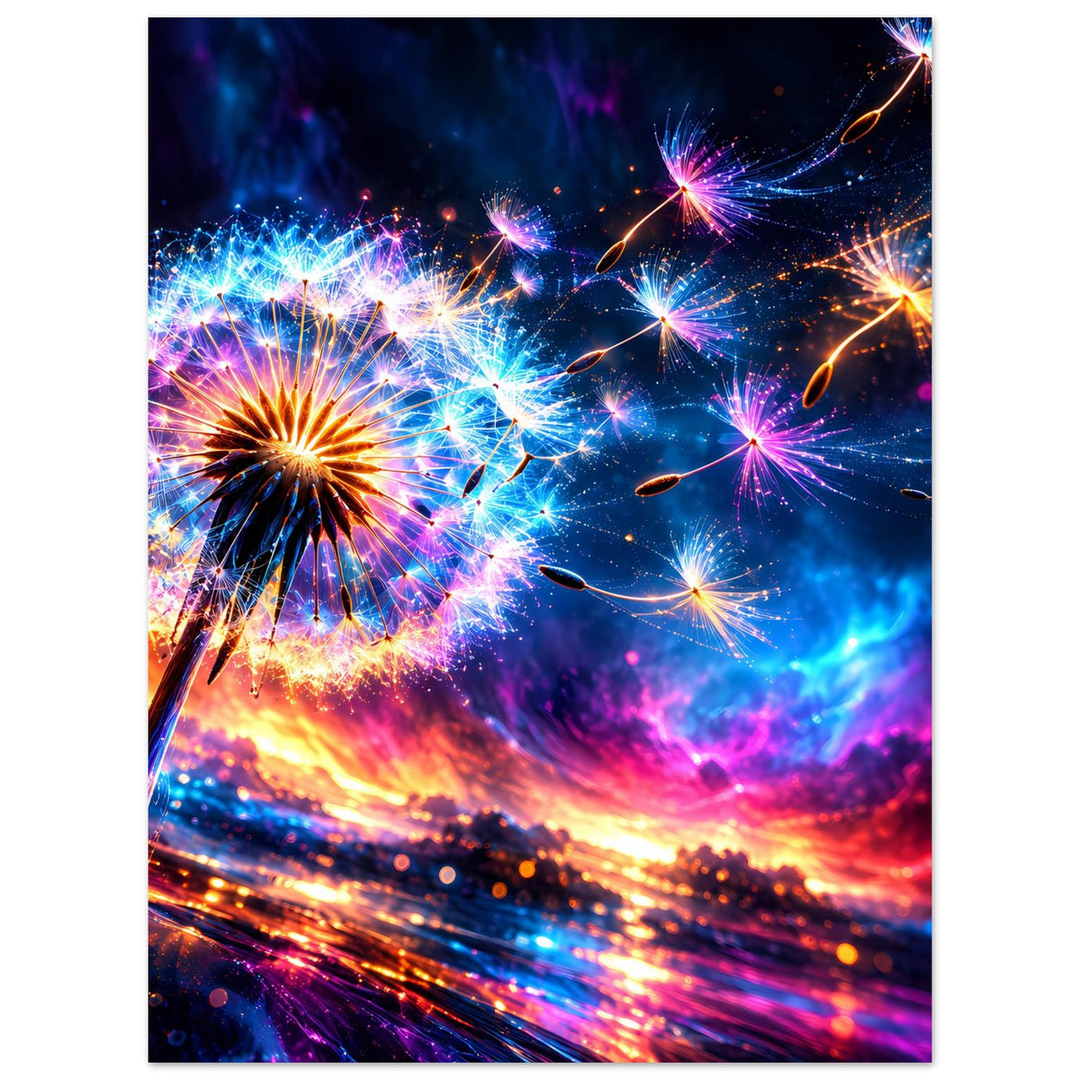 Neon-Feuerwerk-Poster im Hochformat mit bunten Sternfunken und orangefarbenem Schirm