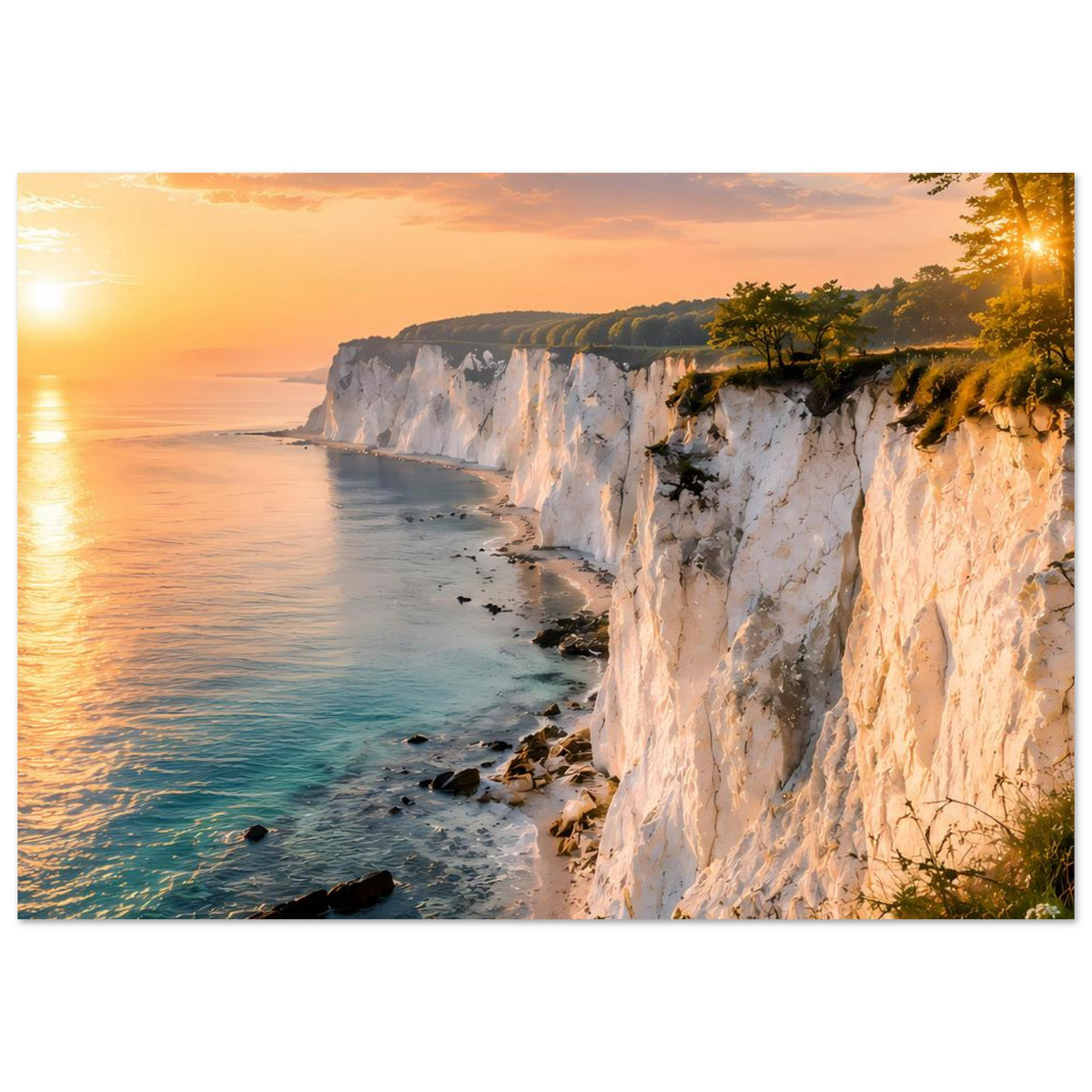 Wandposter im Querformat: Küstenklippen mit Sonnenaufgang, türkisfarbenes Wasser und Steilküste