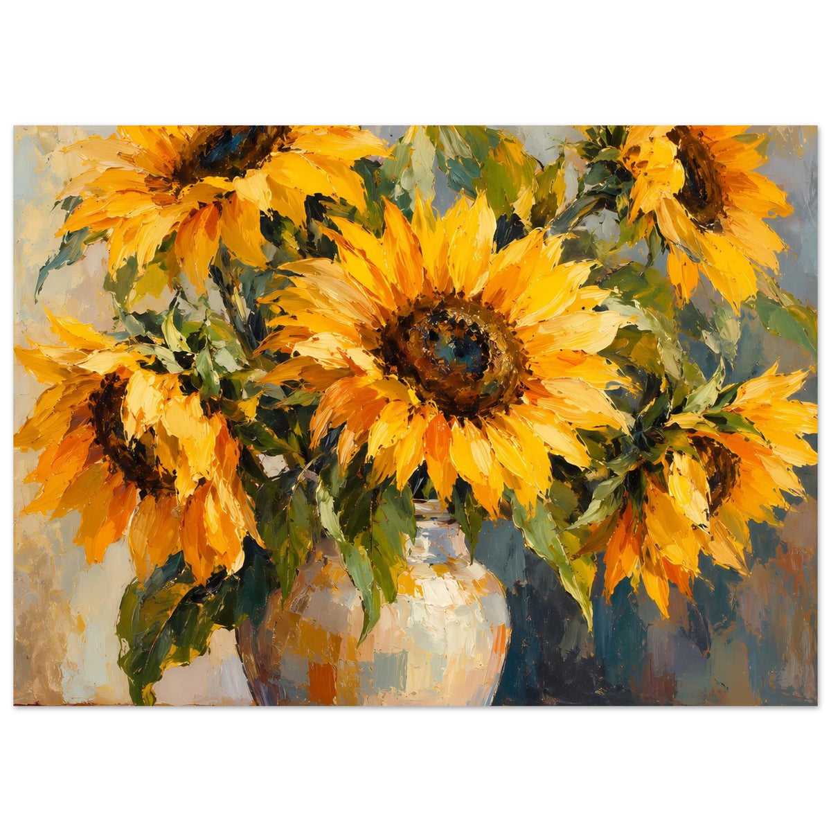 Poster mit Sonnenblumen-Stillleben: Nahansicht gelbe Blüten, schwarze Zentren, gemalte Blätter