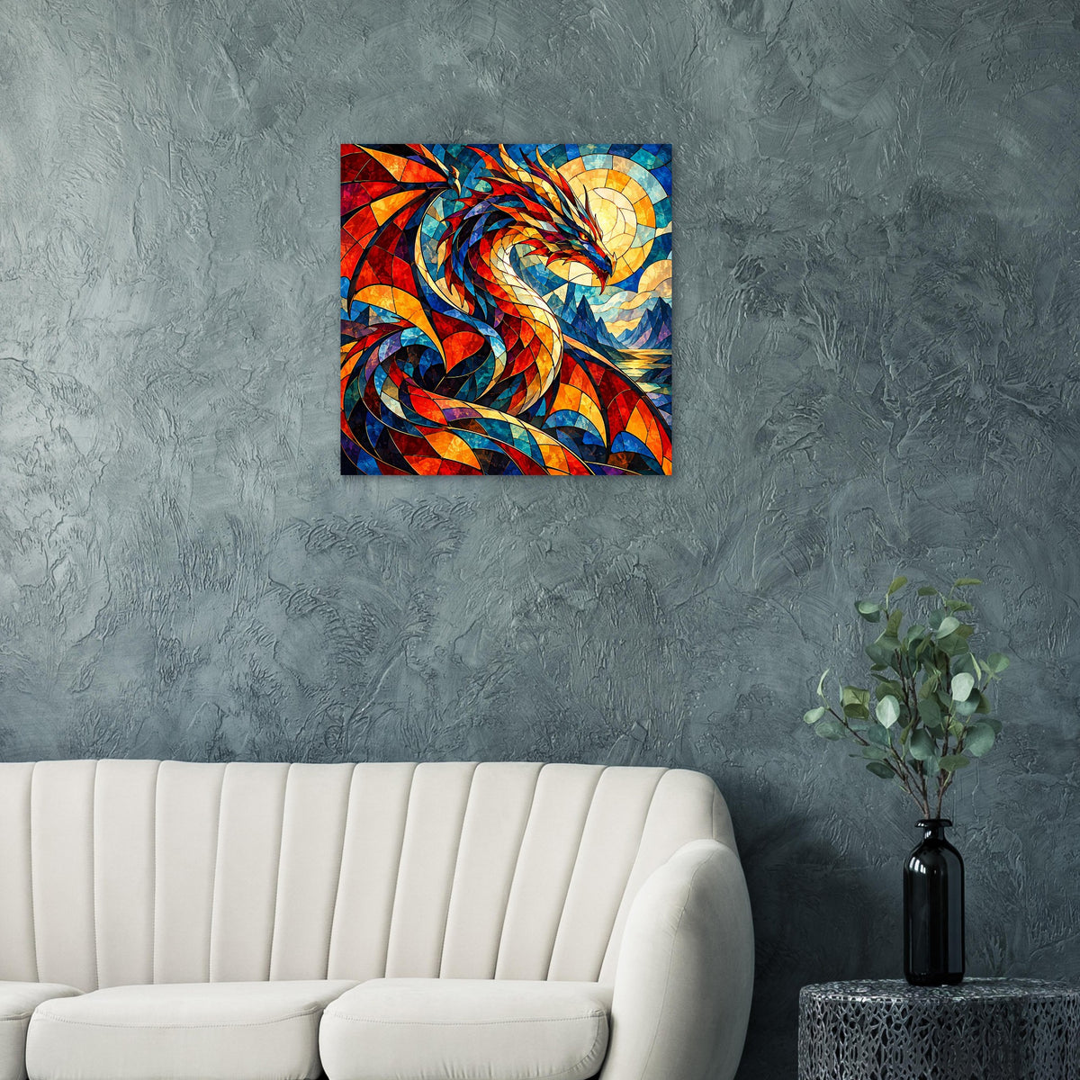 Quadratisches Drachen-Glasmalerei-Poster mit intensiven Farben und geschwungenem Drachen