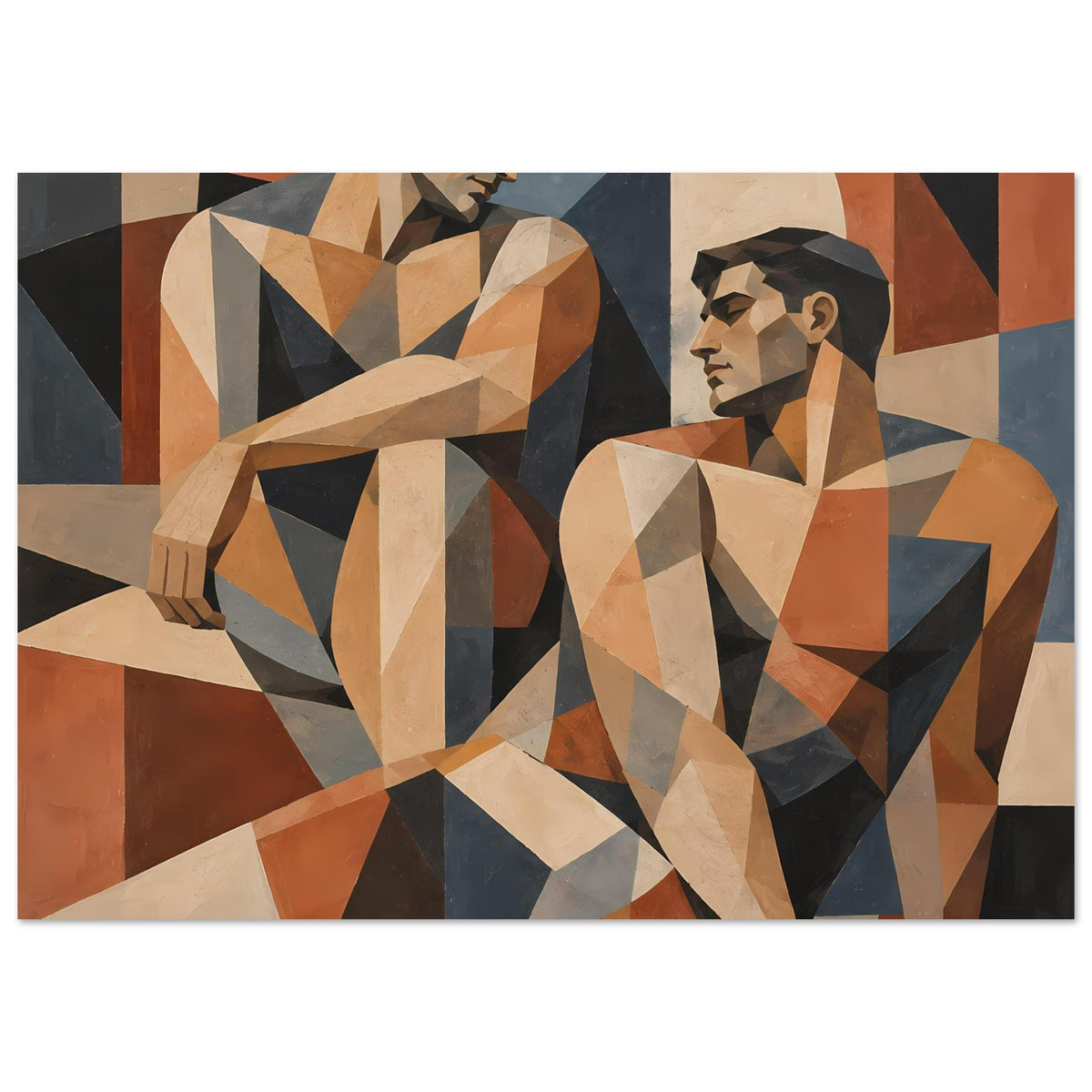 Kunstposter im Querformat: geometrische Figuren zweier Männer, Beige-, Orange- und Blautöne