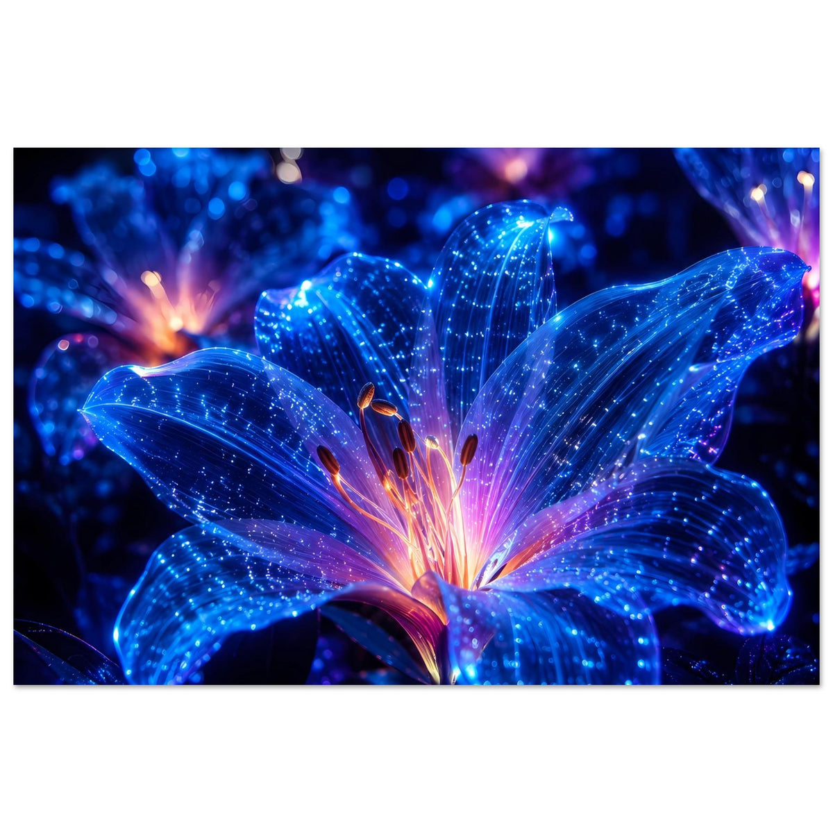 Leuchtendes Blumenposter mit blauen, glitzernden Blüten und ausstrahlendem Farbverlauf