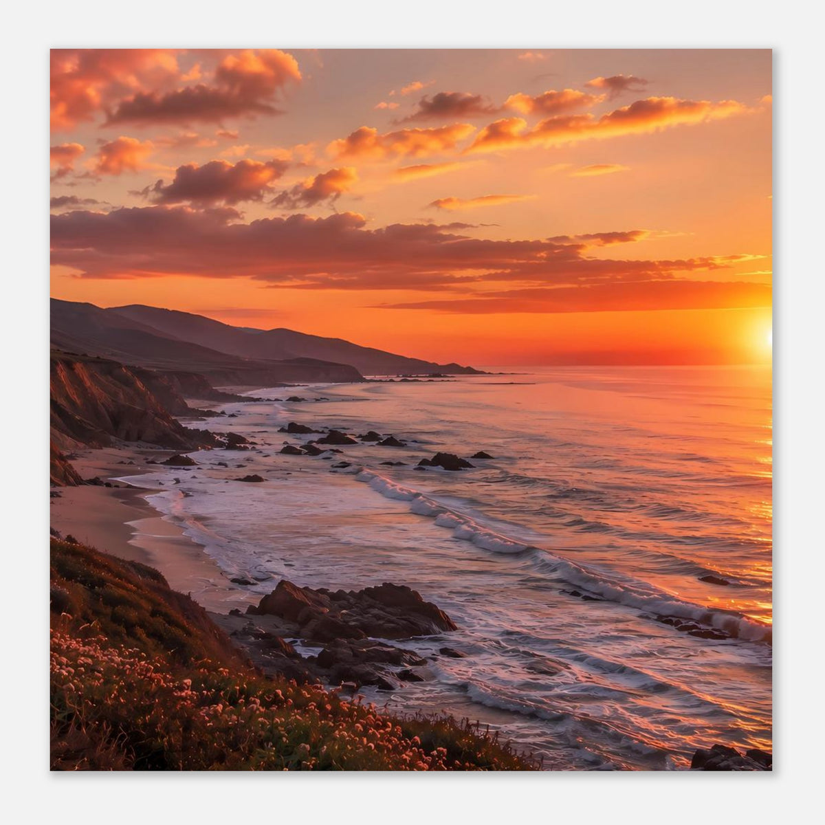 Horizontales Poster mit Küstenlandschaft, goldenes Licht am Meer und Strand