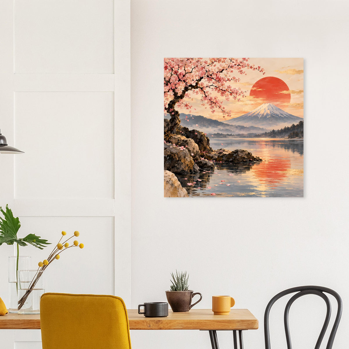 Poster mit Kirschblüten, Berg Fuji und Spiegelung auf dem Wasser