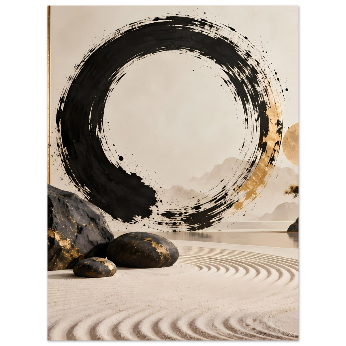 Schwarz-goldenes Zen-Wandbild mit schwungvollem Pinselstrich