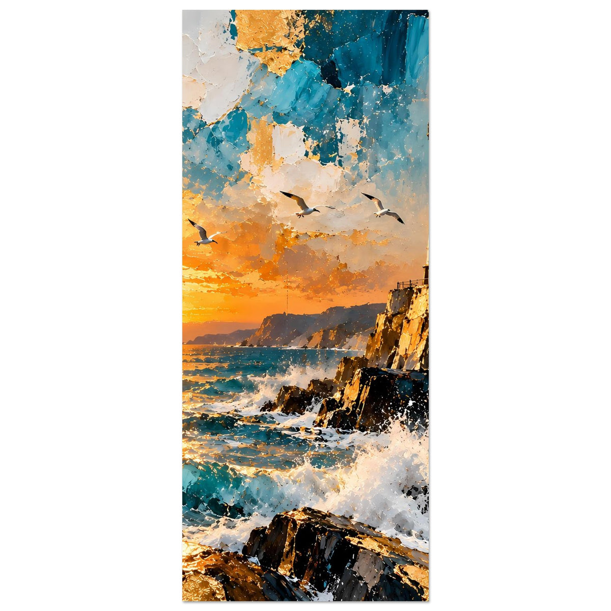 Matte Kunstdruck mit Leuchtturm bei Sonnenuntergang, Ozeanwellen und Vögeln (hochkant)