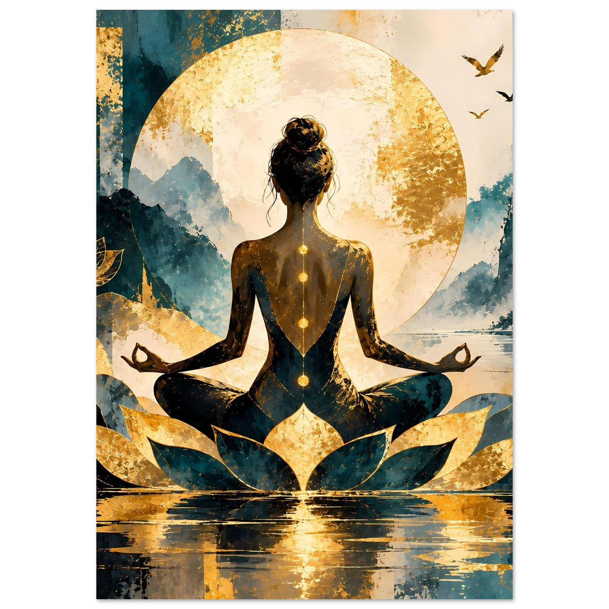 Meditatives Lotusposter: Frau im Lotussitz mit goldenem Kreis, Lotusblüten und Reflexionen