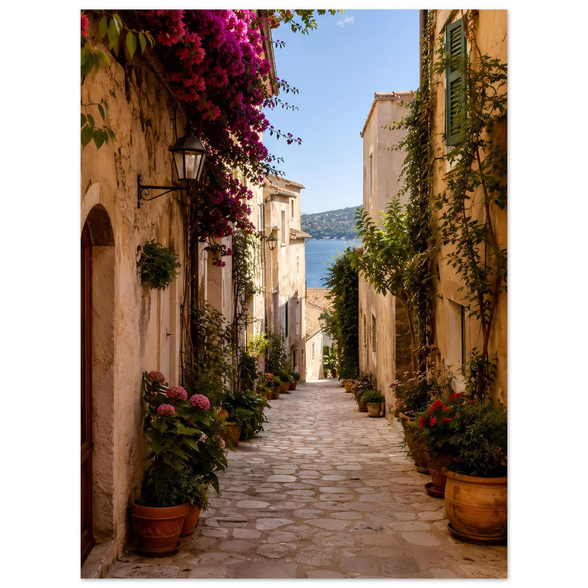 Wandposter mit Blick in eine enge Gasse zwischen hellen Häusern, viele Topfpflanzen und lila Blüten