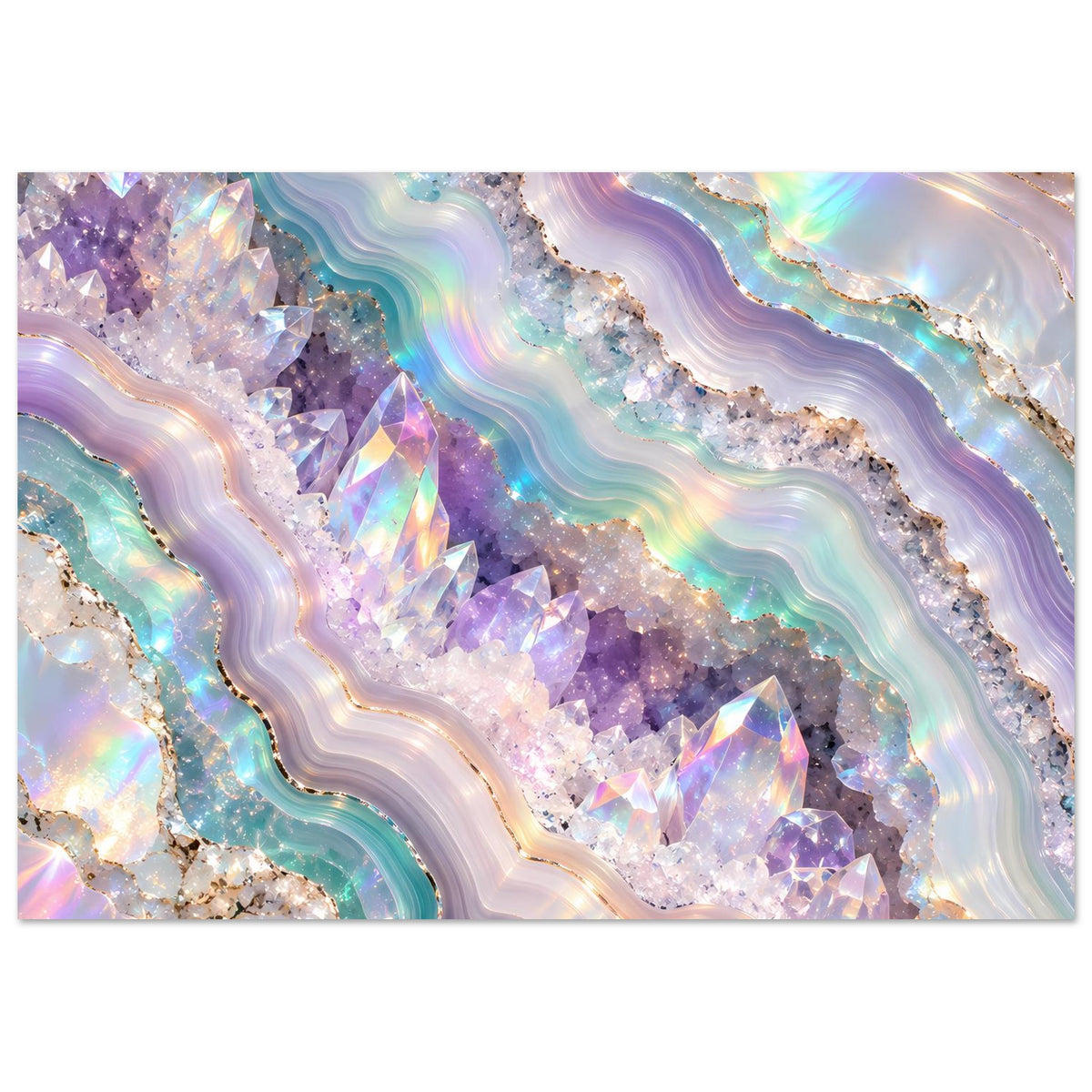 Holografisches Geode-Poster mit diagonaler Kristallformation, pastellfarbenen Wellen und goldenen Stellen