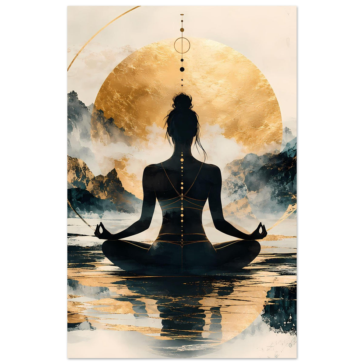 Meditationsposter im Hochformat: Rückenansicht der meditierenden Figur mit goldenen Akzenten