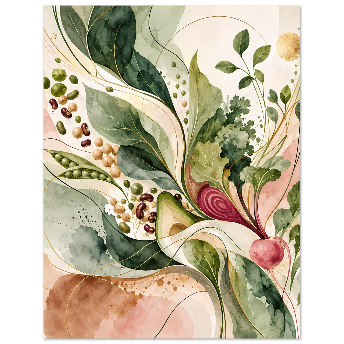 Naturposter mit botanischer Collage: Blätter, Beeren, runder Punktbogen und zarter Rettich