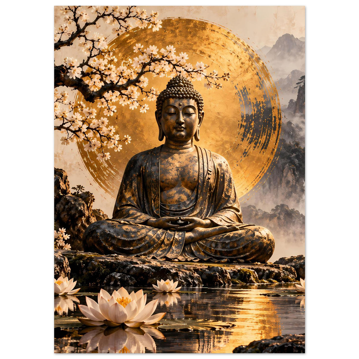Poster mit Buddha-Figur und goldener Aura, Kirschblütenzweig links, Lotus am unteren Bildrand