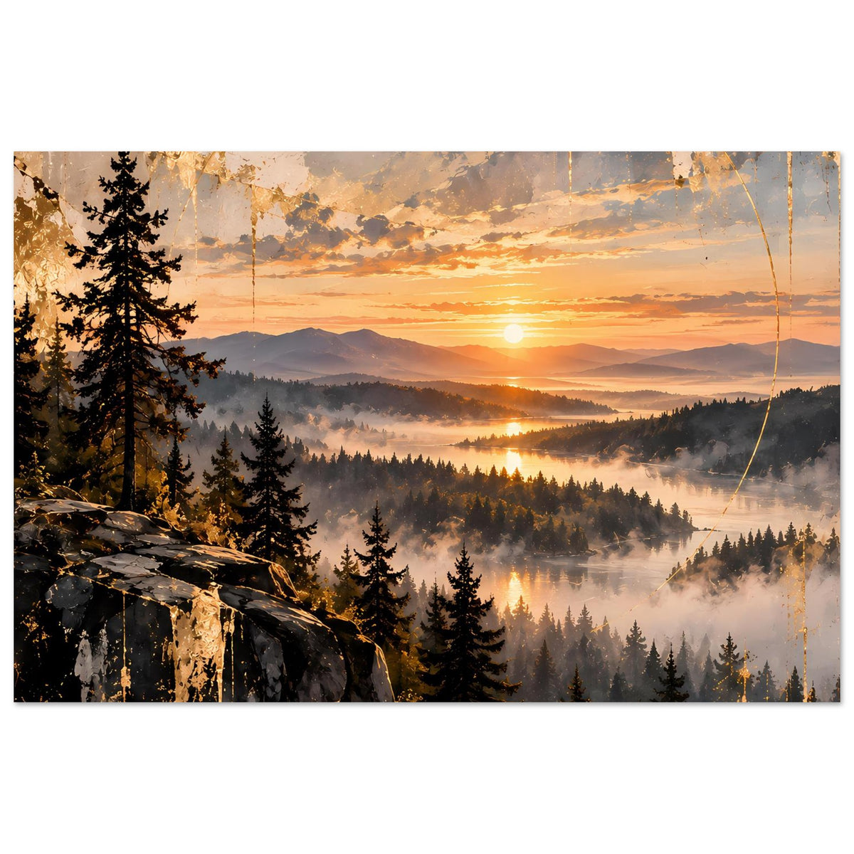 Landschaftsposter: warmer Sonnenaufgang, Nebelschichten, Berge, Nadelwald und Felsvordergrund