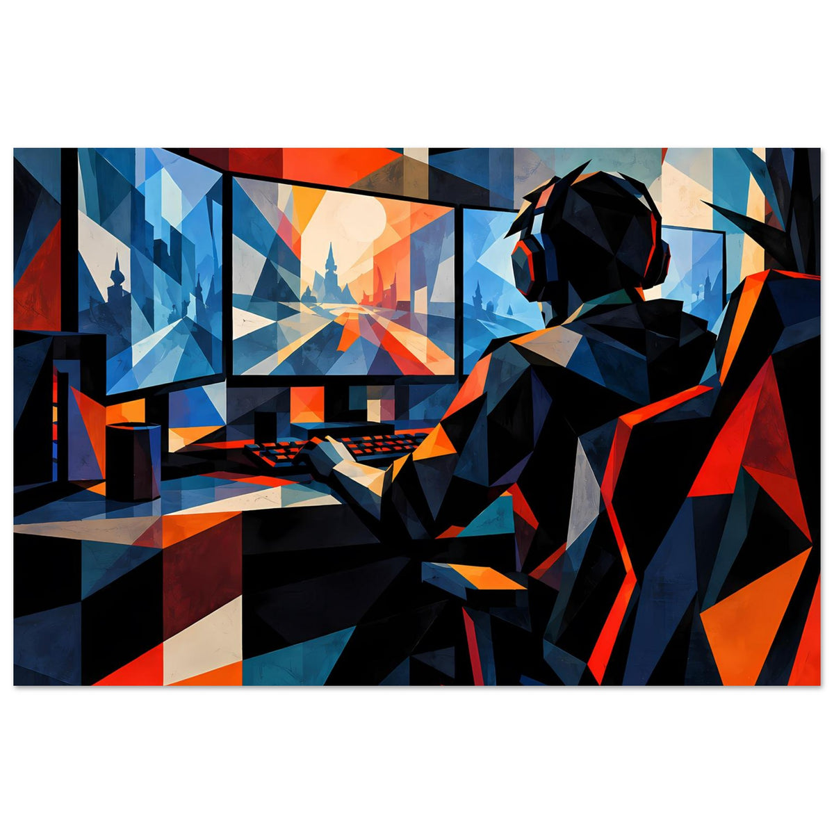 Gaming-Poster im Querformat: Gamer mit Headset, abstrakte Architektur und Blau/Orange Kontraste