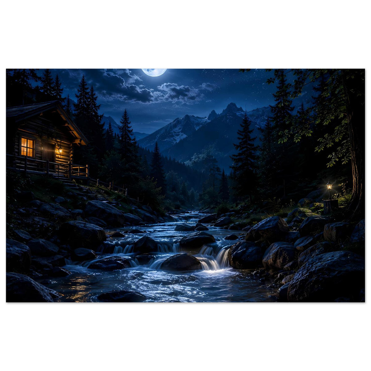 Wandposter (horizontal) mit Fluss und Felsen bei Mondnacht, Wald im Hintergrund