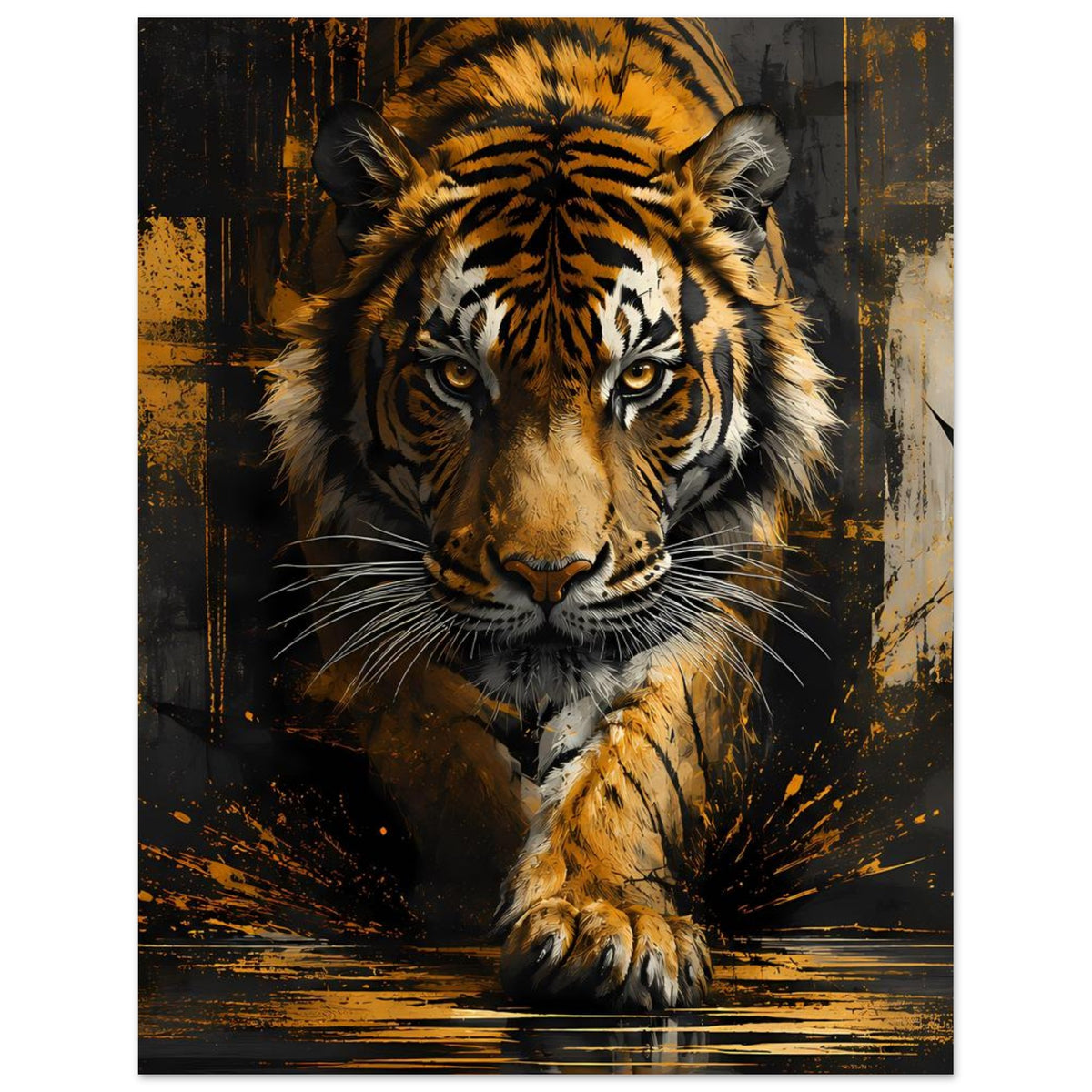 Tiger-Poster im Rahmen: großer Tigerkopf, goldgelbes Fell, markante schwarze Muster