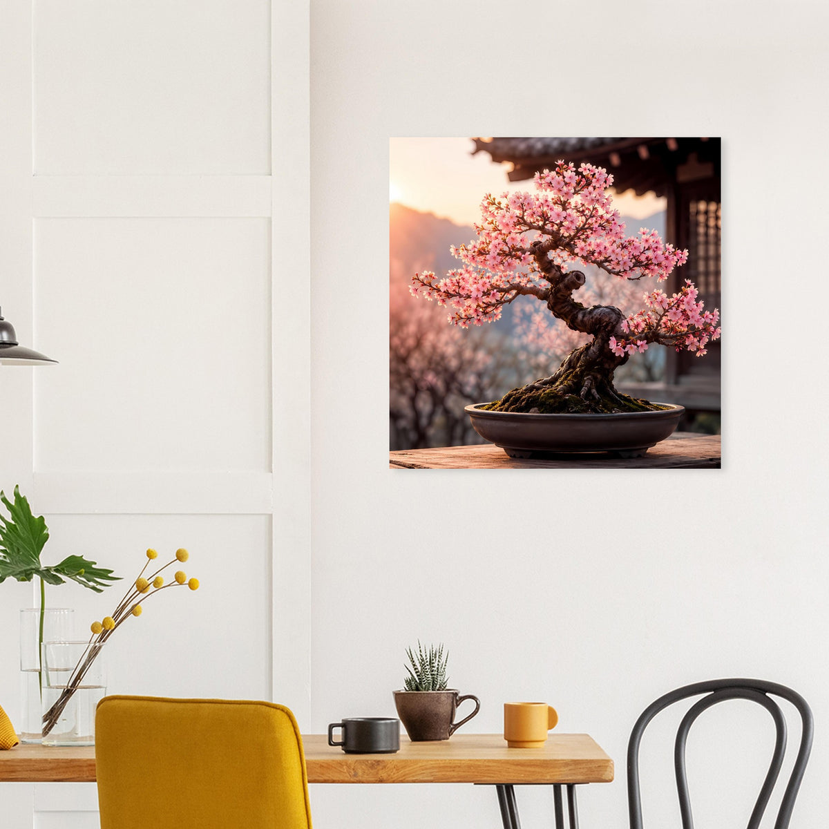 Wandposter: pink blühender Bonsai mit schwarzer Schale und rundem Stamm
