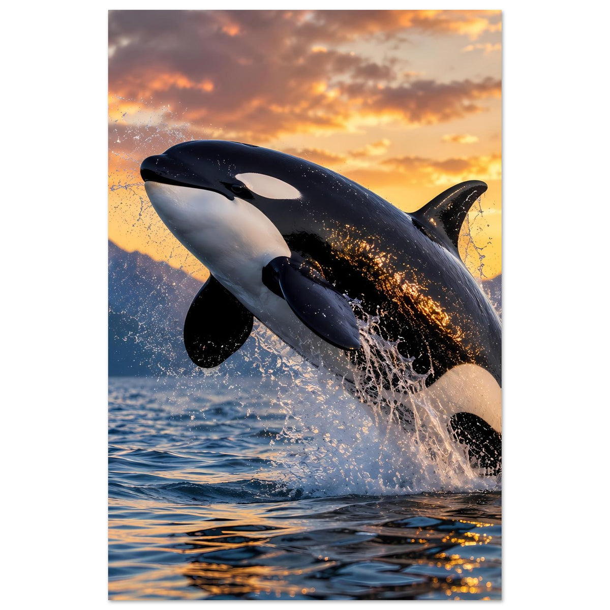Poster mit springendem Orca, dunkler Körper, weißer Bauch, Wasserfontäne
