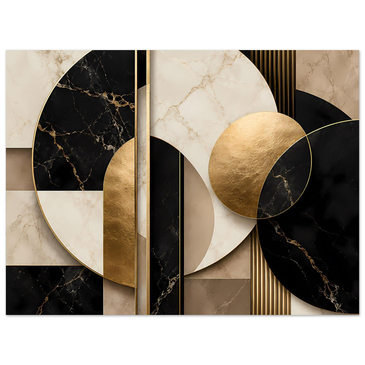 Geometrisches Poster mit goldener Halbkuppel, marmoriertem Muster in Schwarz und Beige
