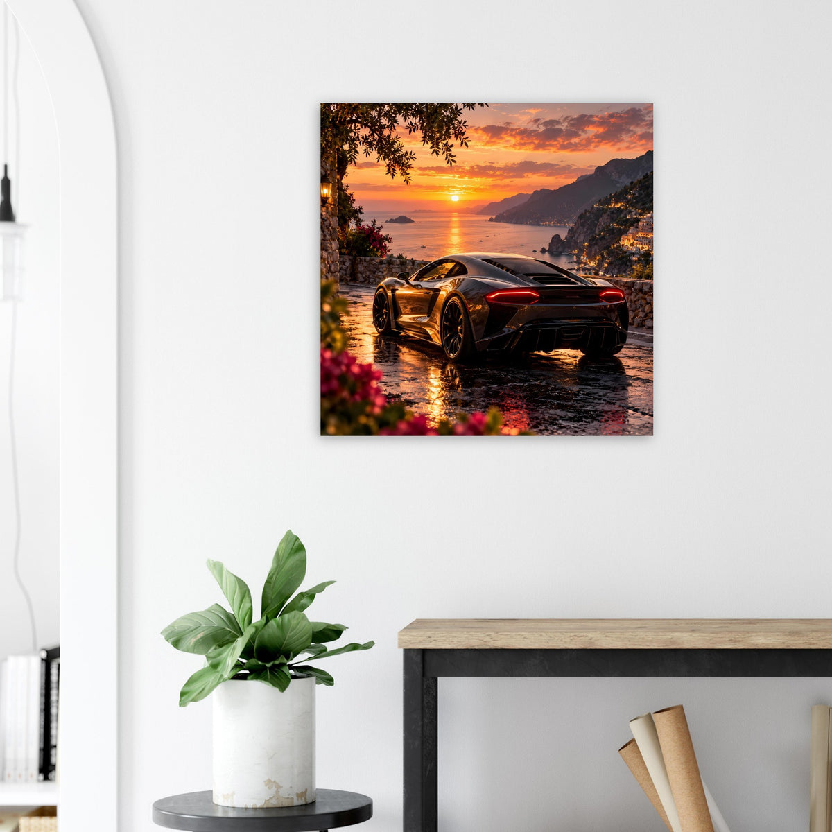 Kunstdruck Poster mit Sportwagen und Sonnenuntergang am Küstenweg, quadratischer Rahmen