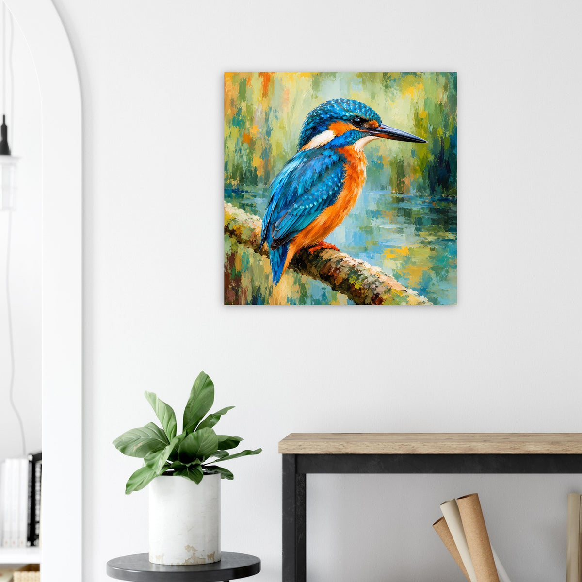 Quadratisches Poster mit blauem Eisvogelprofil auf Ast, abstrakter Pastellmalerei