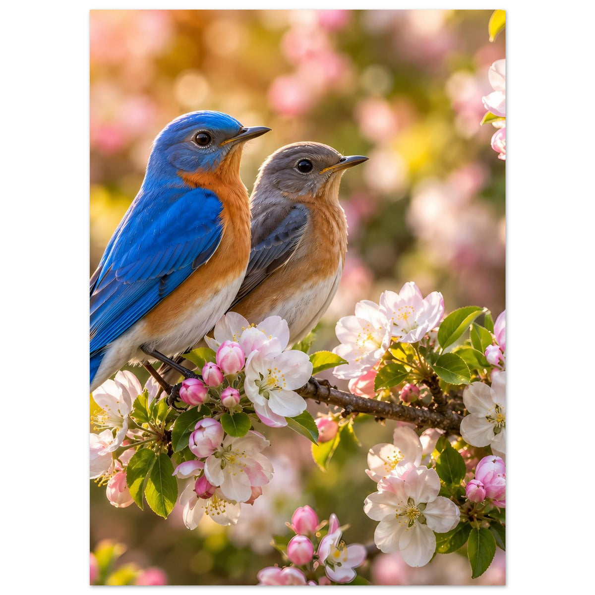 Vogelposter: zwei Vögel (blau, braun) auf blühendem Zweig mit rosa Blüten