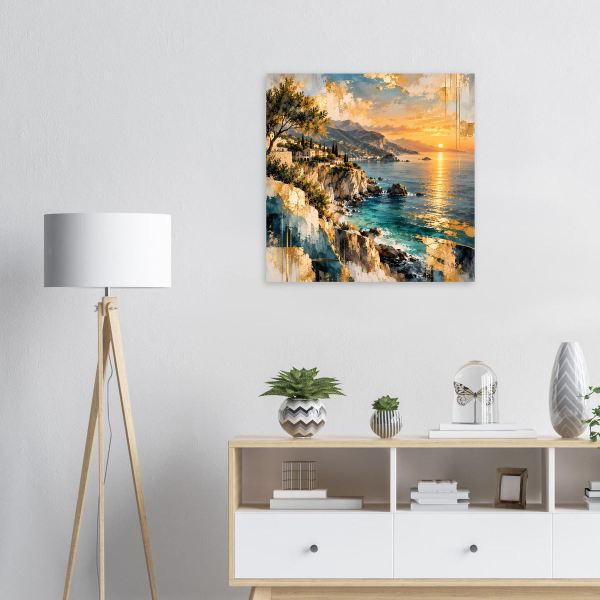 Wandposter mit Küste und Sonnenuntergang über dem Meer