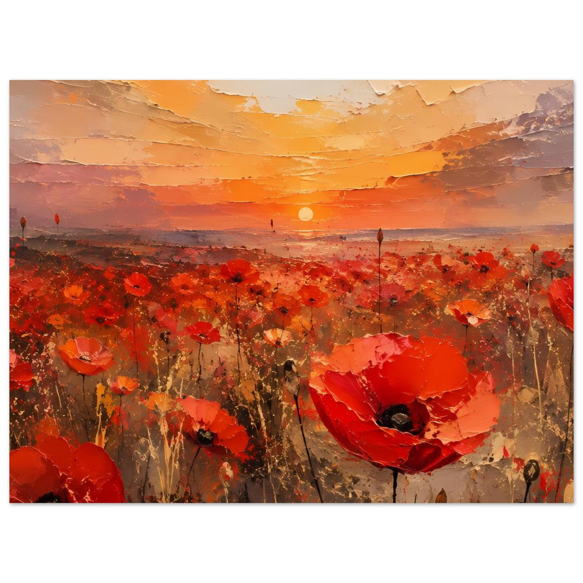Horizontales Poster mit roten Mohnblumen und orangefarbenem Sonnenuntergang