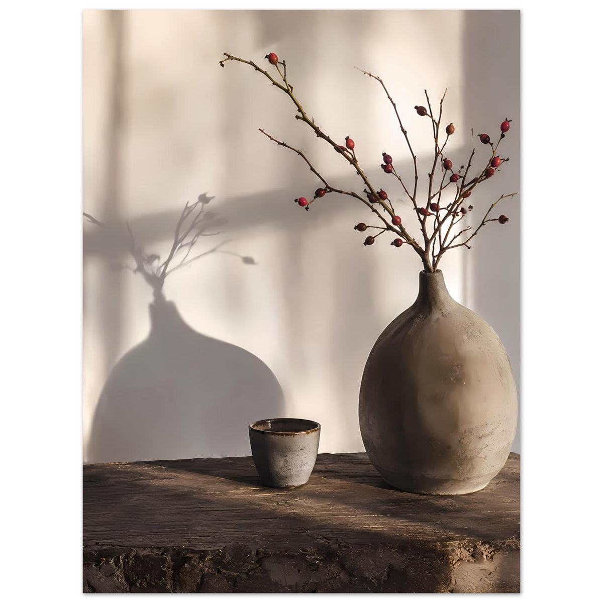 Still-Life-Poster mit Vase, Beerenzweigen und Becher auf rustikalem Holztisch
