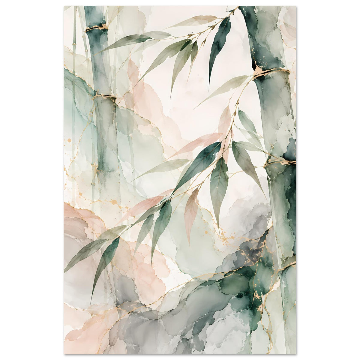 Naturposter mit Bambus-Aquarell, sanfte Grün- und Pastelltöne, gerahmter Druck