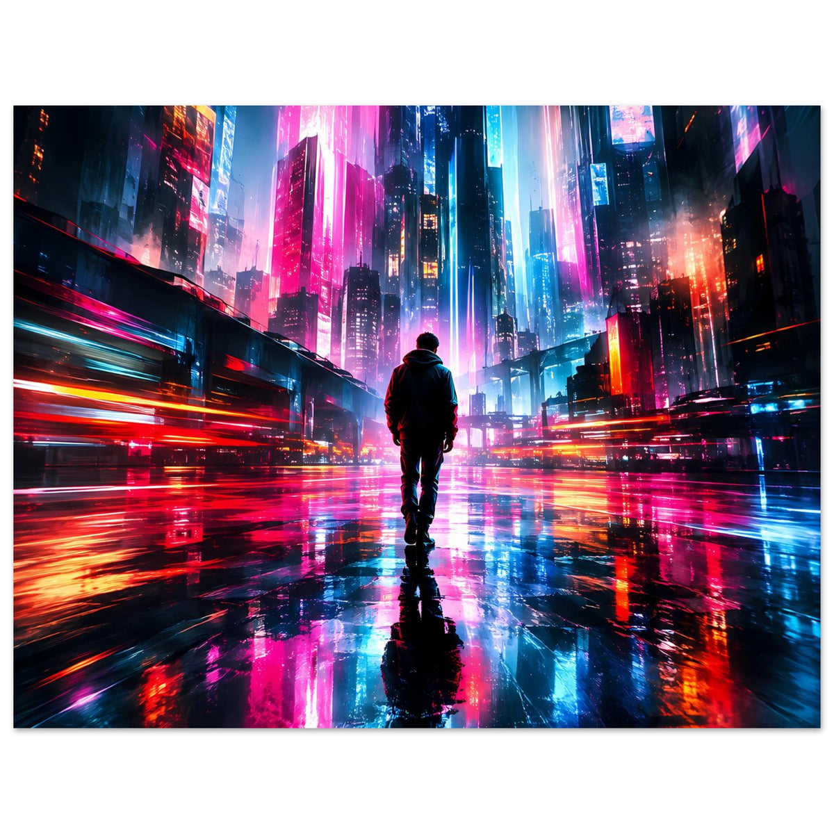 Cyberpunk-Poster Neonstadt: Person im Rücken, bunte Hochhäuser und Spiegelungen