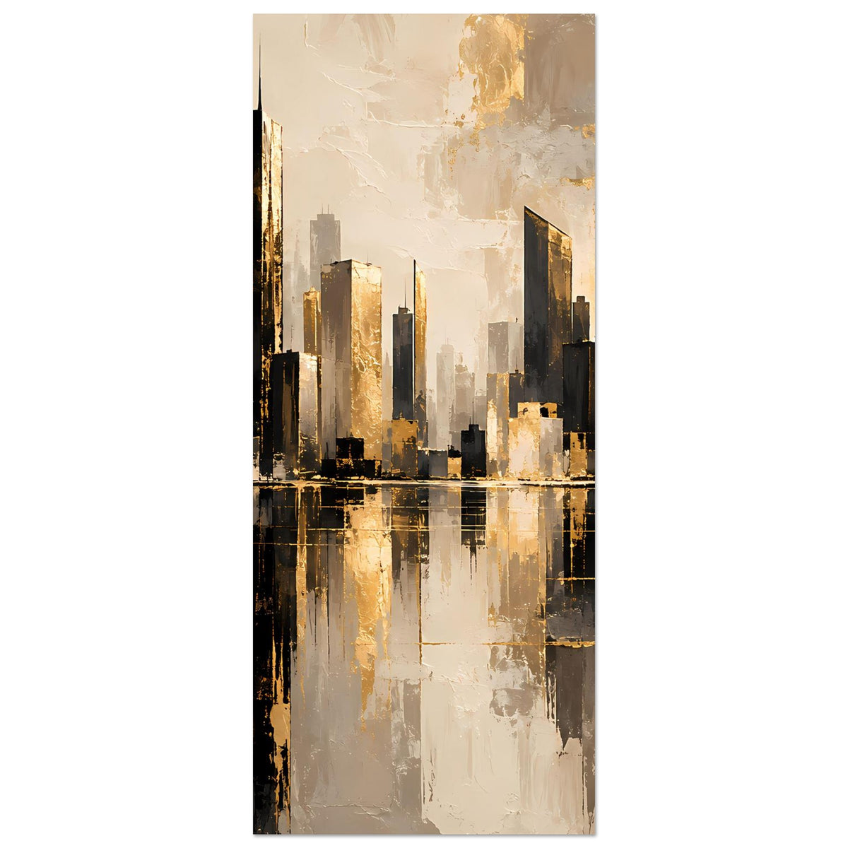Vertikales Stadtposter mit goldener Skyline und Spiegelung, schwarze Hochhäuser vor hellem Grund