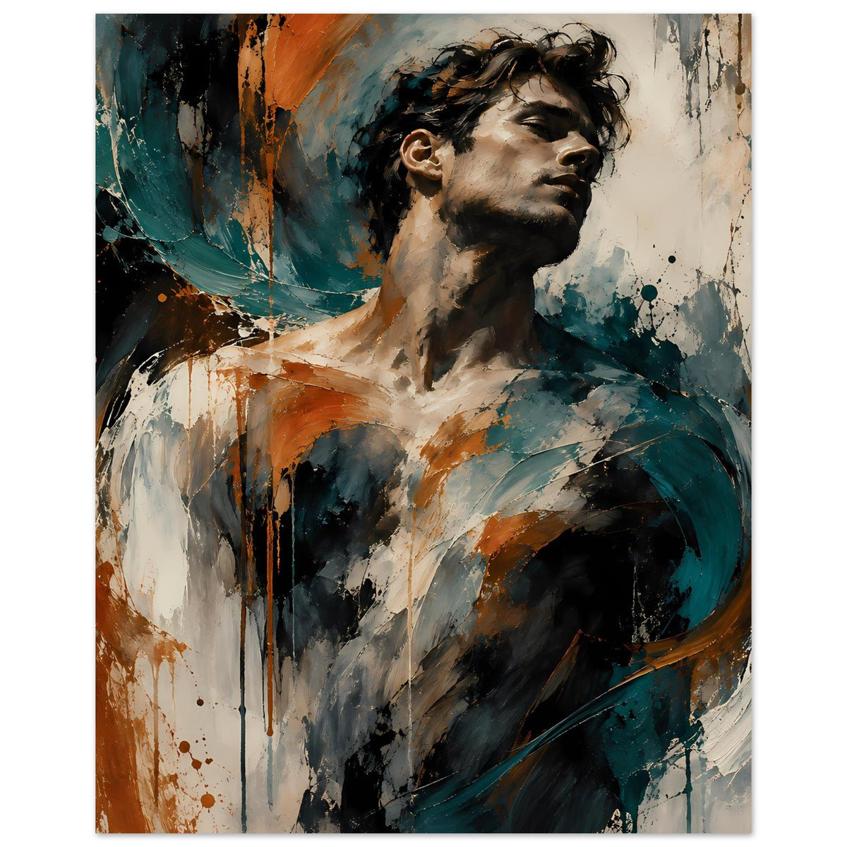 Kunstposter mit expressivem Porträtmann, Oberkörper, Teal und Rostorange, abstrakte Spritzer