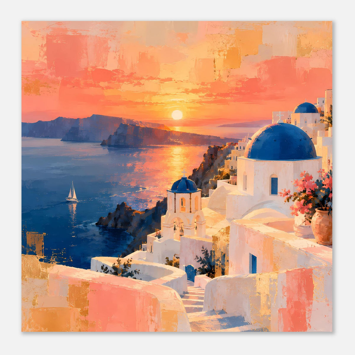 Poster mit Sonnenuntergang und weißem Küstendorf mit blauer Kuppel, auf Wand montiert