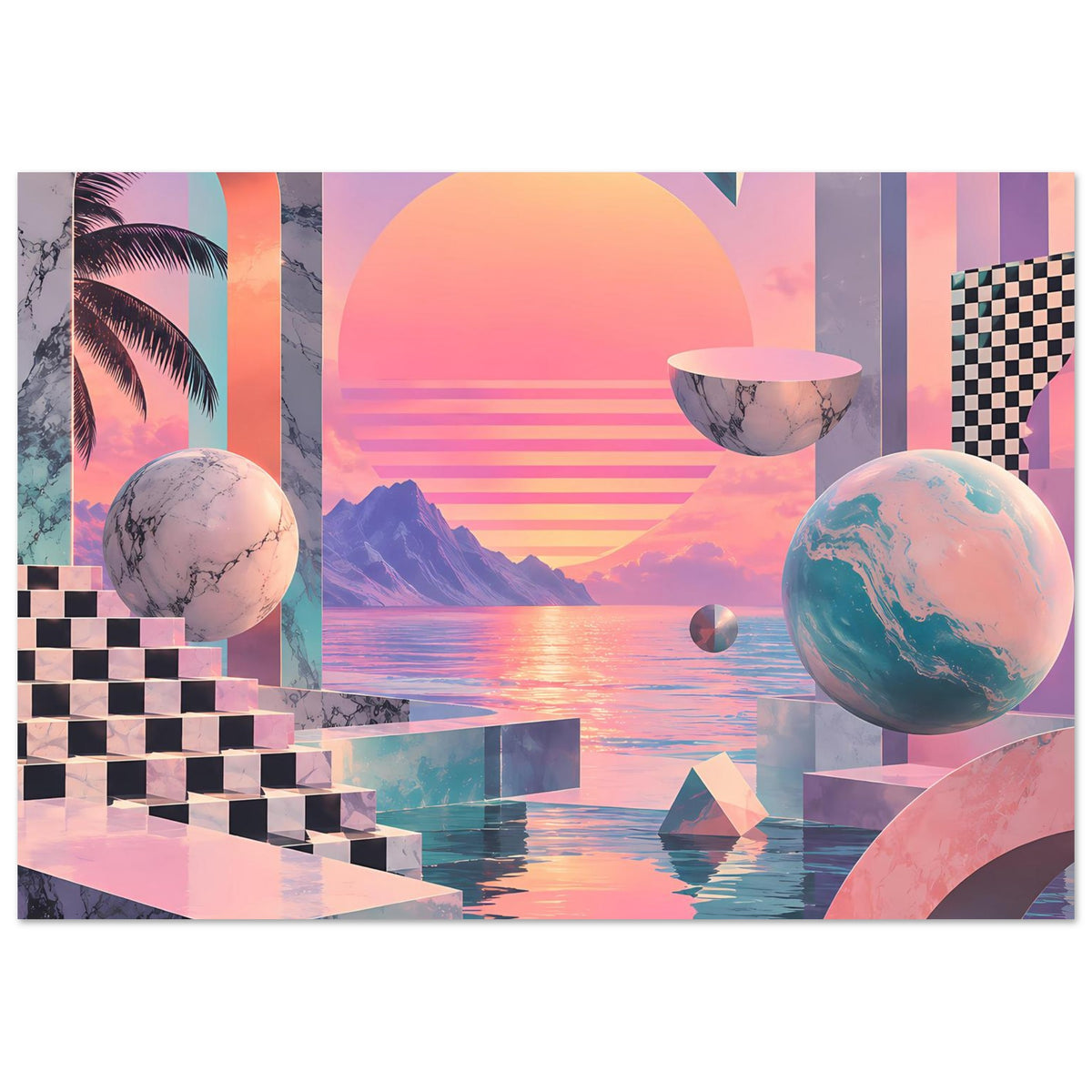 Landschafts-Poster mit surrealer Sonnenuntergangsszene, Planeten und geometrischen Formen in Rosa-Blau