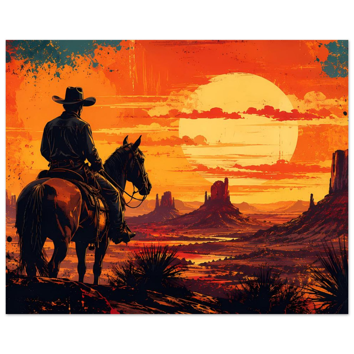 Western-Poster im Querformat: Cowboy auf dunklem Pferd, orangefarbener Sonnenuntergang