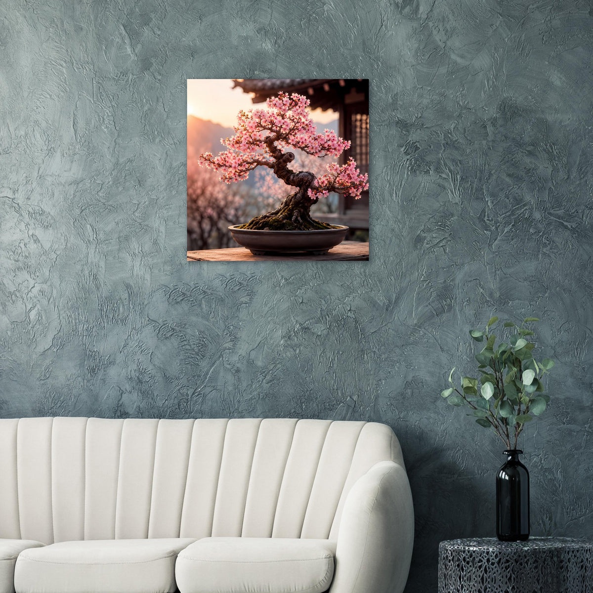 Quadratisches Wandposter mit pink blühendem Bonsai in schwarzer Schale