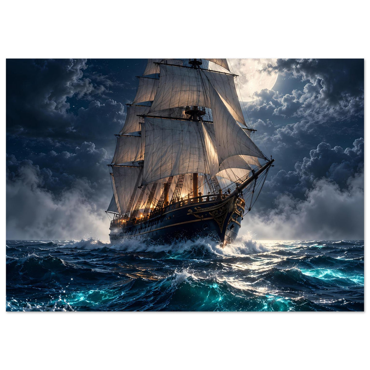 Poster mit Segelschiff bei Vollmond über stürmischer, türkis leuchtender See im Querformat