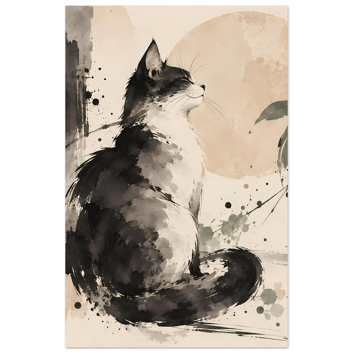 Poster im Hochformat mit sitzender Katze, Schwarz-Grau Aquarellspritzer und Blättern