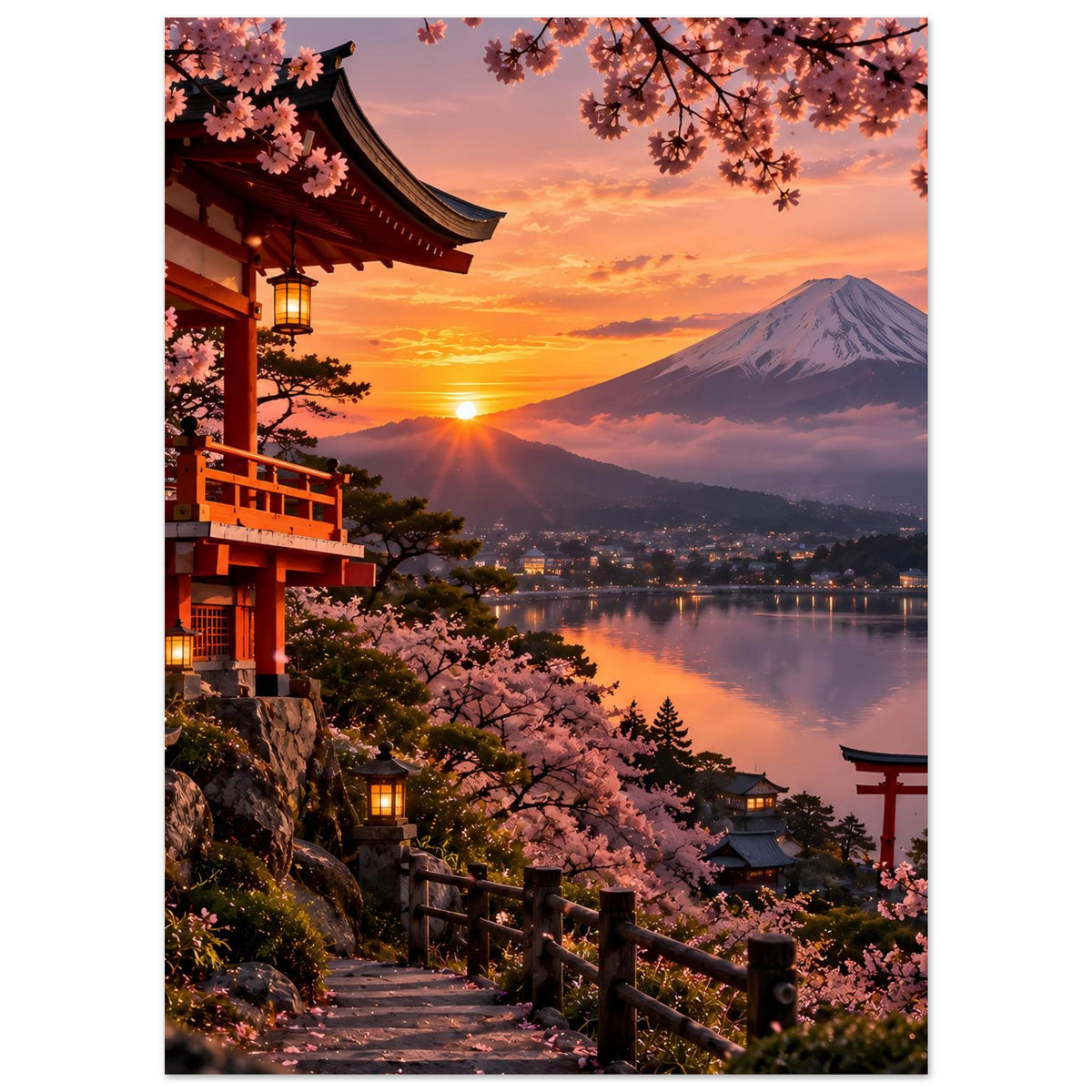 Hochformat-Poster: Kirschblüten, Uferweg mit Geländer, Torii und Berg im Abendhimmel