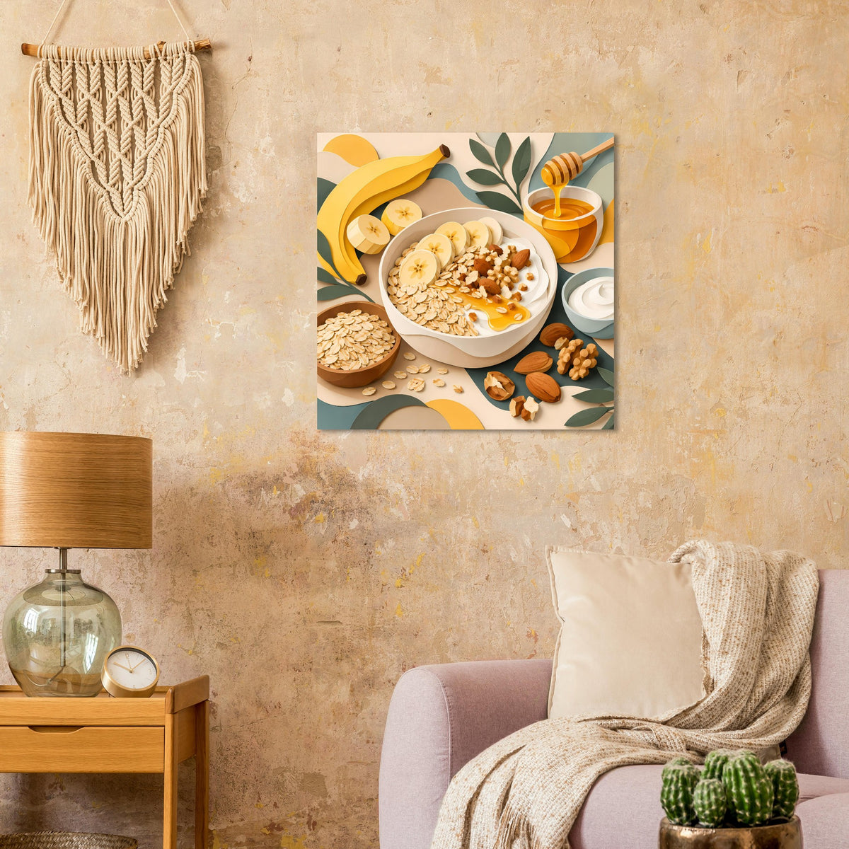 Quadratisches Poster mit Frühstück: Haferflocken in Schüssel, Banane, Honig und Mandeln
