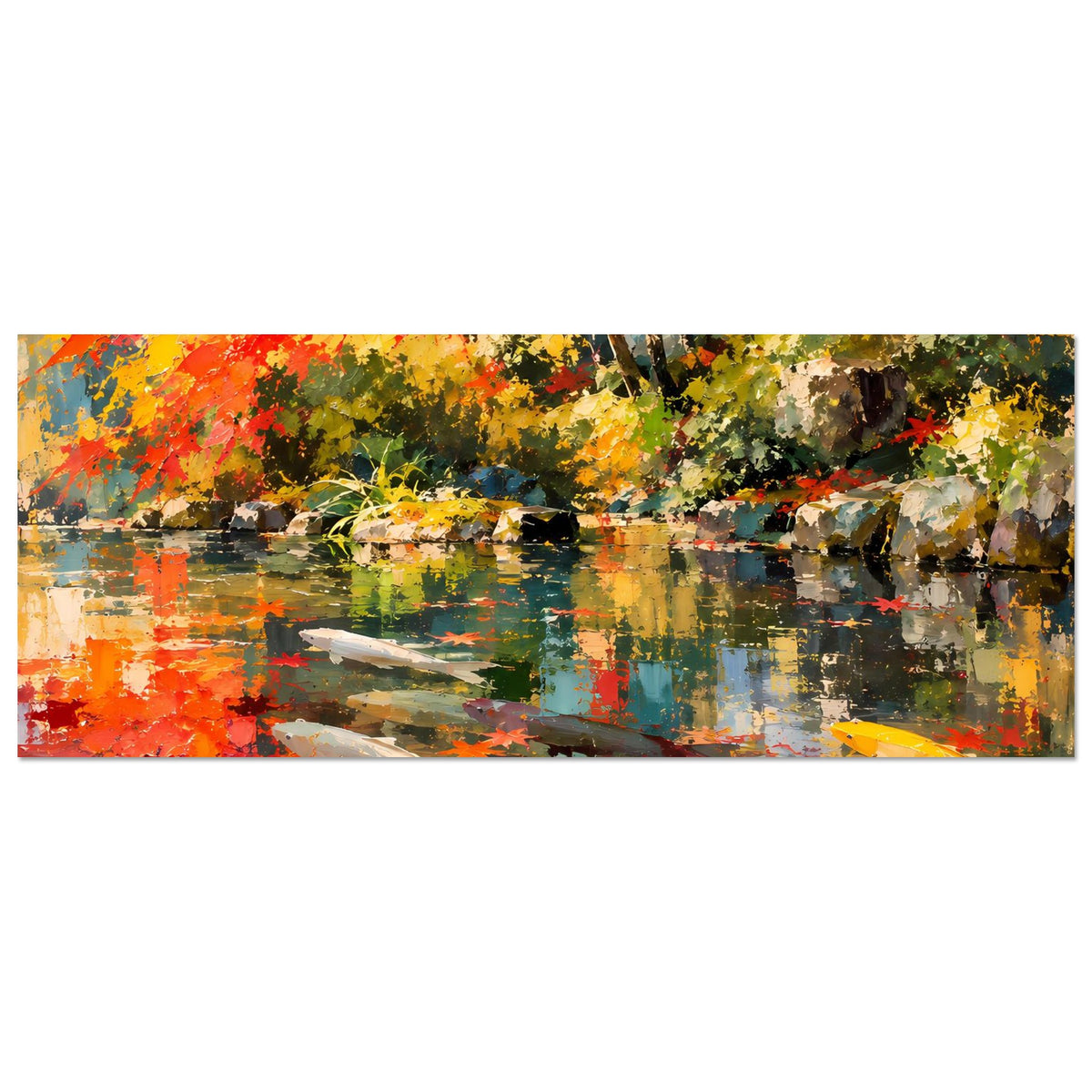 Horizontales Poster mit Teich und Koi-Fischen, Herbstbäume spiegeln sich im Wasser