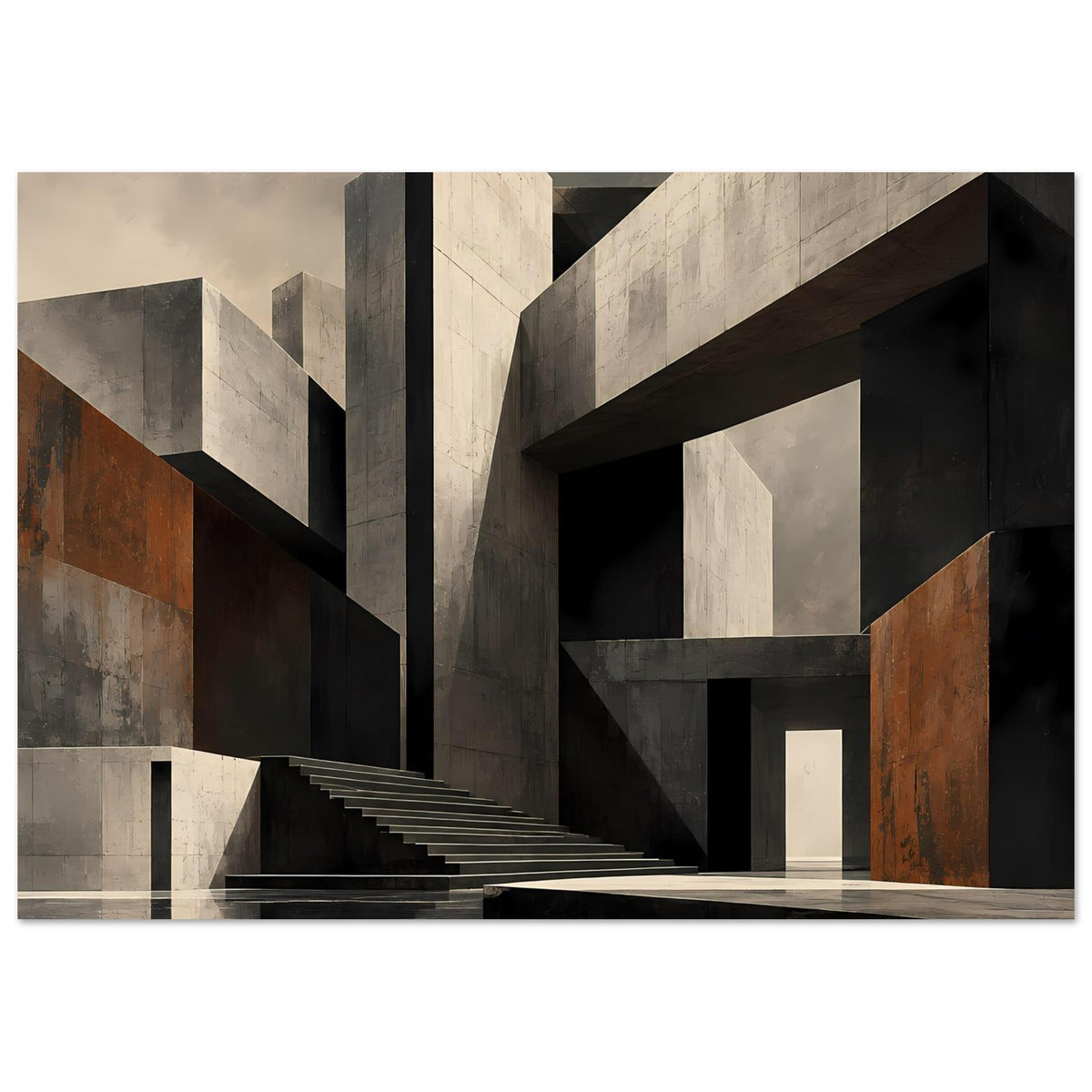 Architektur-Poster im Querformat: Treppe, breite Schattennischen und beiger Beton, Braun