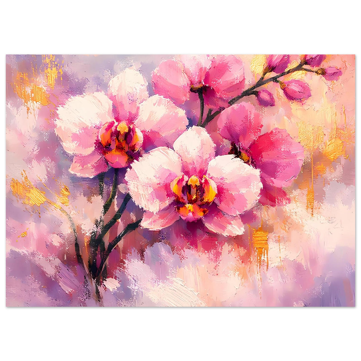 Orchideenblüten-Poster: rosafarbene Orchideen auf schwarzem Ast, mit goldenen Akzenten
