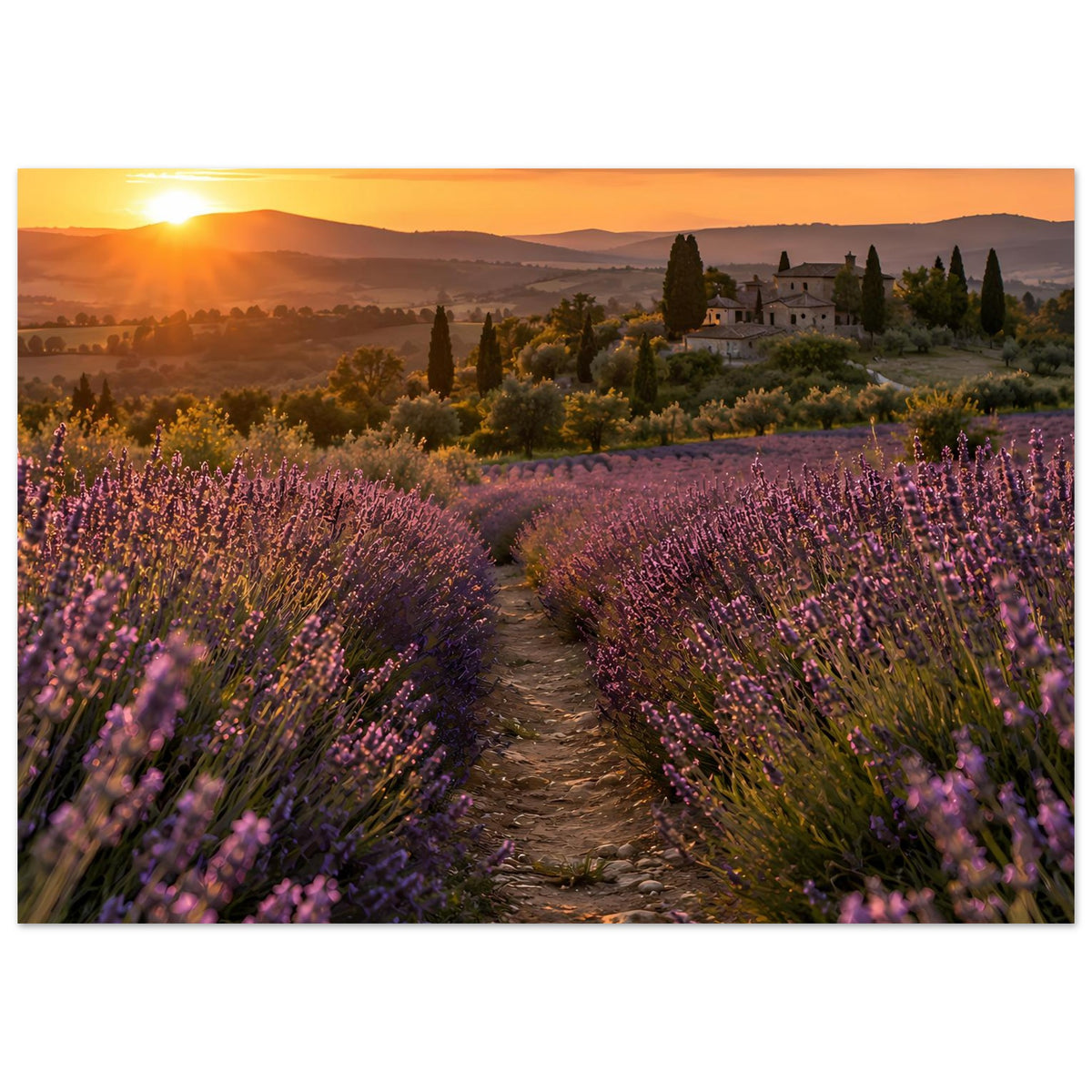 Landschaftsposter mit Lavendelreihen entlang eines Pfads, warmes Licht am Sonnenuntergang
