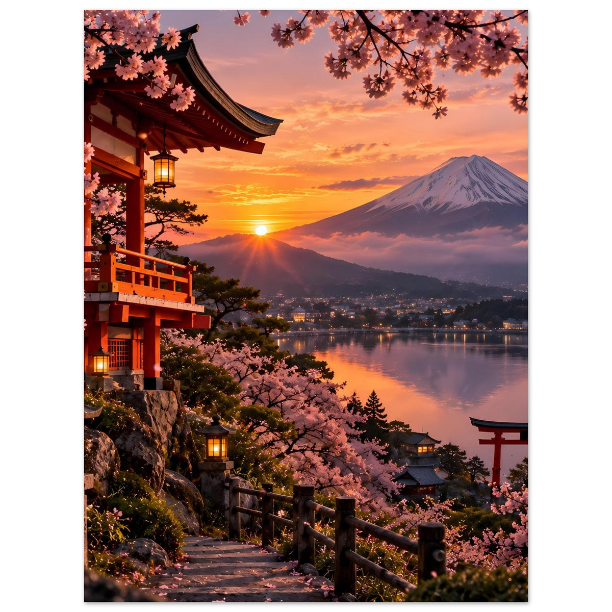 Hochformat-Poster mit Kirschblüten, Tempelveranda, Torii und Berg über ruhigem Wasser