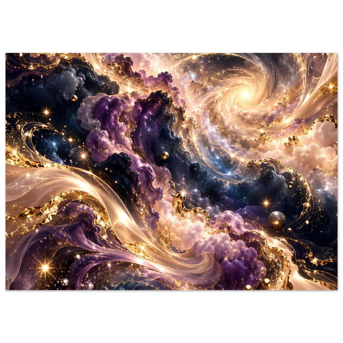 Kosmischer Kunstdruck im Querformat: violetter Nebelwirbel, goldene Lichtspuren und Sterne