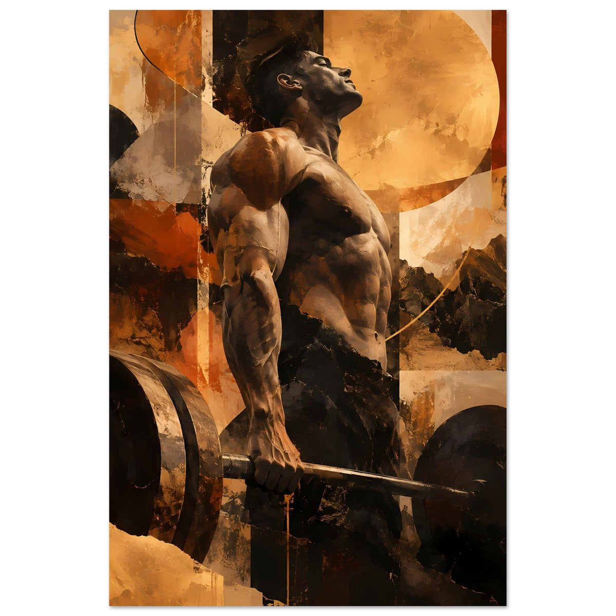 Fitness-Artposter: Hund hebt Hantelstange, erdige Akzente in Orange und Schwarz