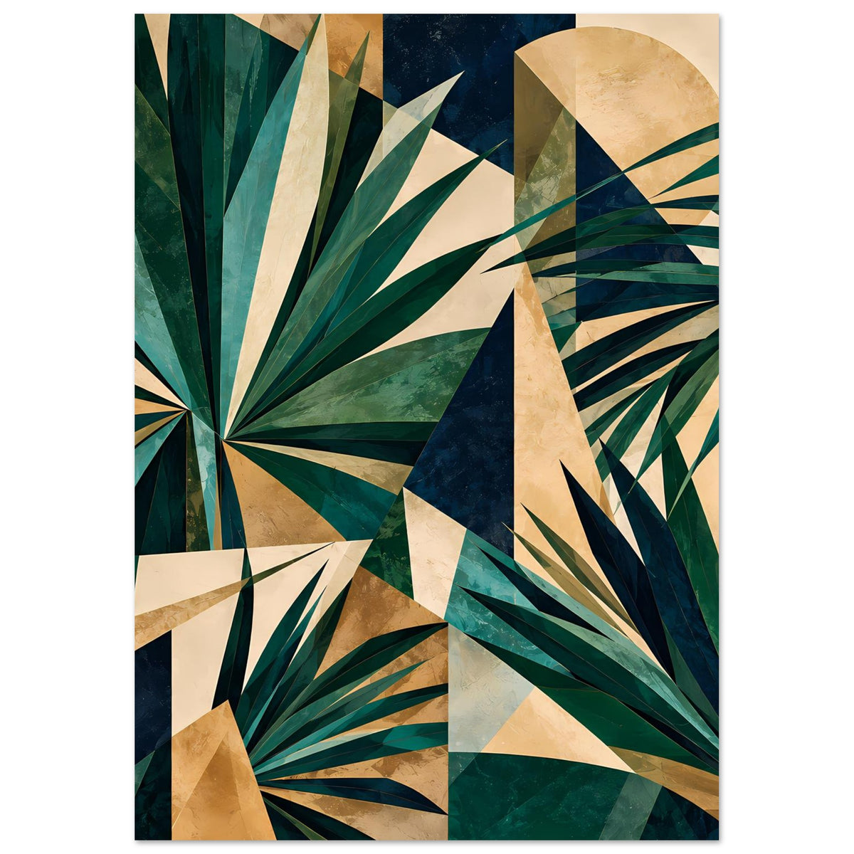 Vertikales Kunstposter mit geometrischem Blätter-Muster in Grün, Dunkelblau und Gold
