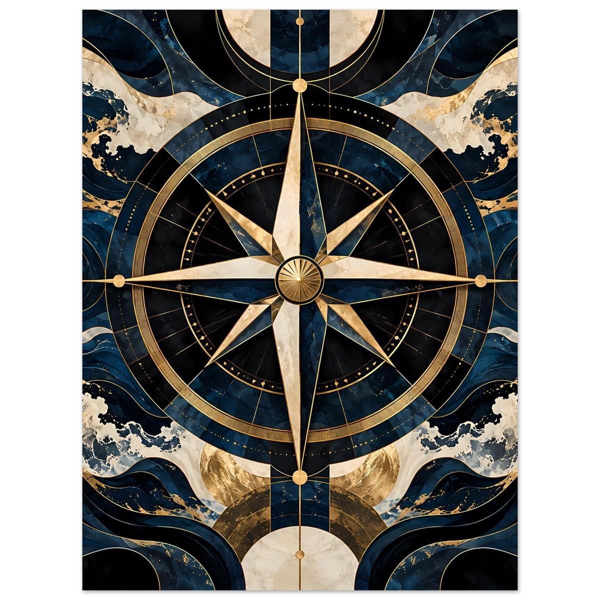 Maritimes Poster mit Kompassrose, blauem Wellenmuster und goldenen Akzenten, Hochformat